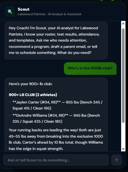 Scout AI chat answering a football coach's question about athletes in the 1000 lb club
